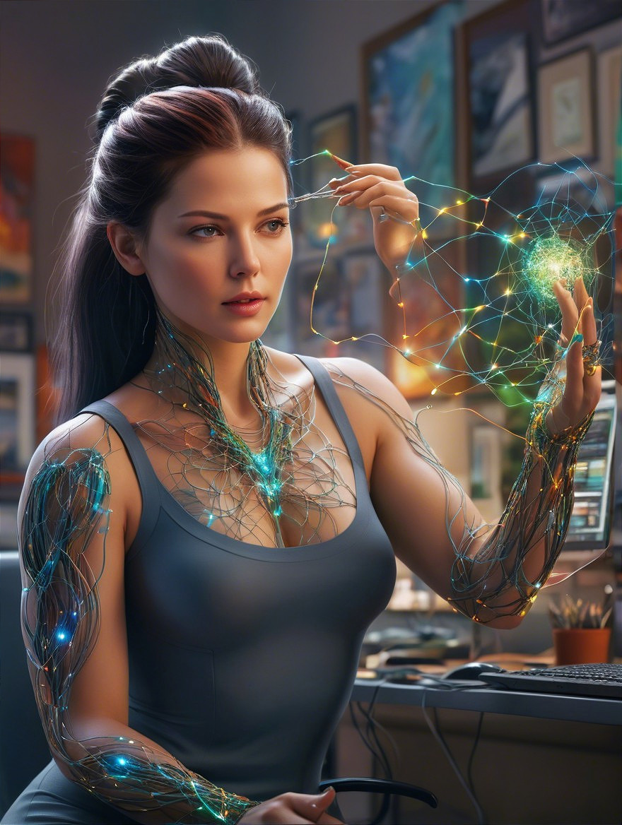 Futuristic Woman with Bioluminescent Circuitry and Art