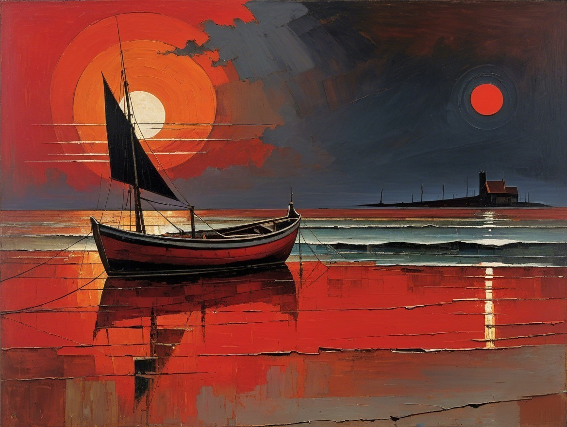Calm Seascape at Sunset with Boat and Lighthouse
