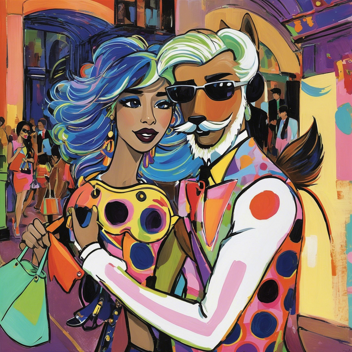 Stylish Couple in Vibrant Urban Fashion Scene