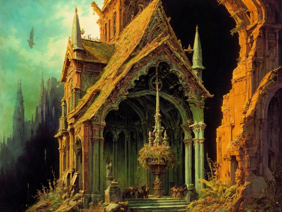 Gothic Structure Surrounded by Lush Greenery and Vines