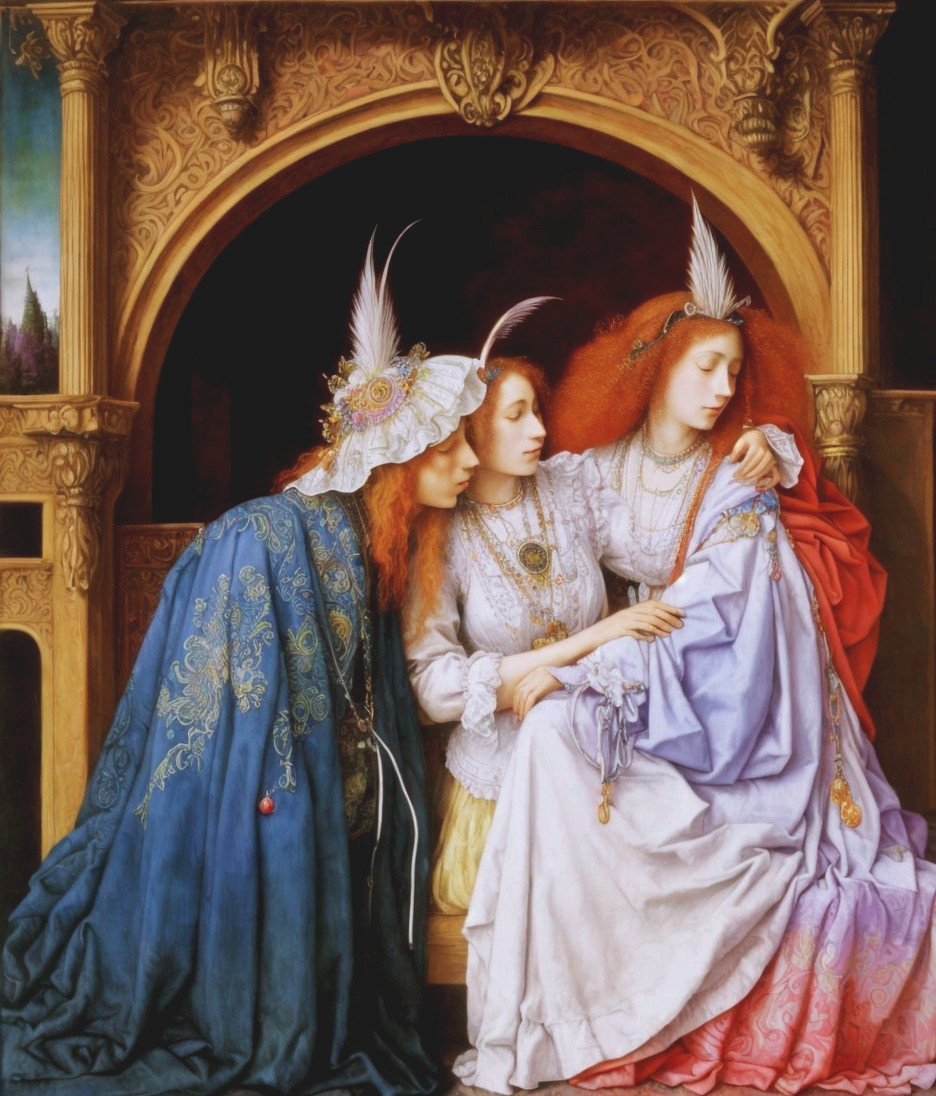 Elegantly Dressed Women in Lavish Interior Setting