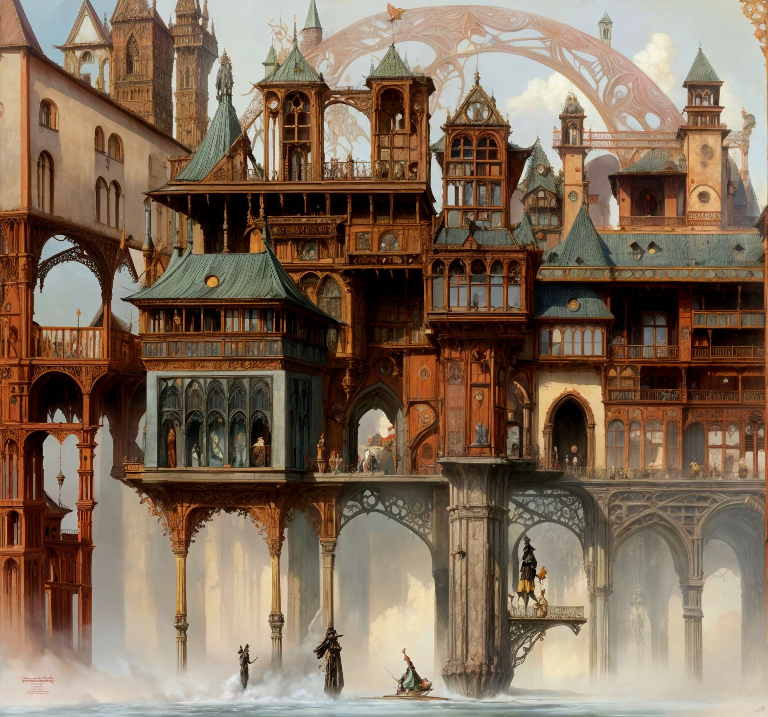 Fantastical cityscape with ornate structures and waterways
