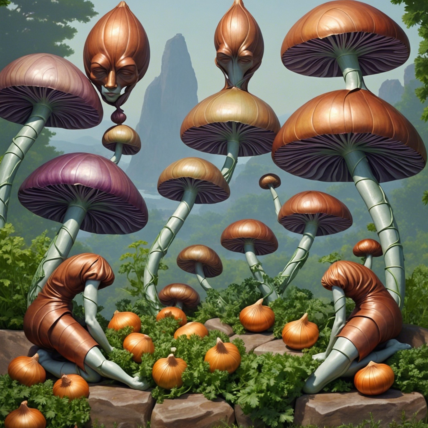 Surreal Landscape with Oversized Mushrooms and Figures