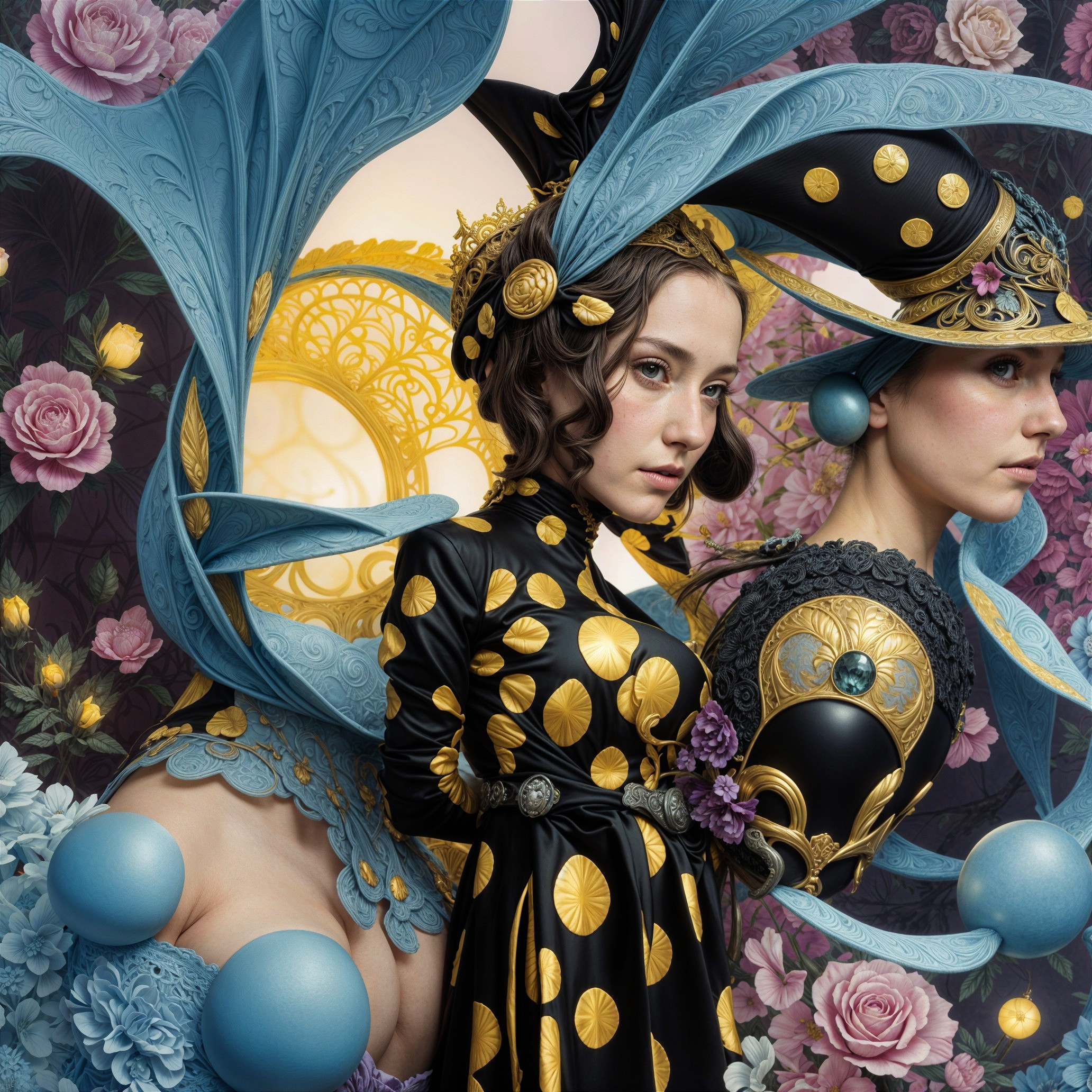 Elegant Women in Black and Gold Attire with Floral Elements