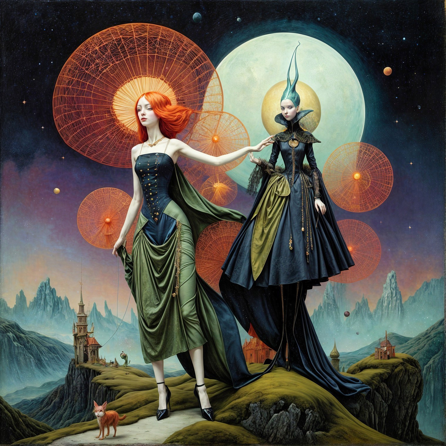 Elegantly Dressed Figures in Surreal Landscape