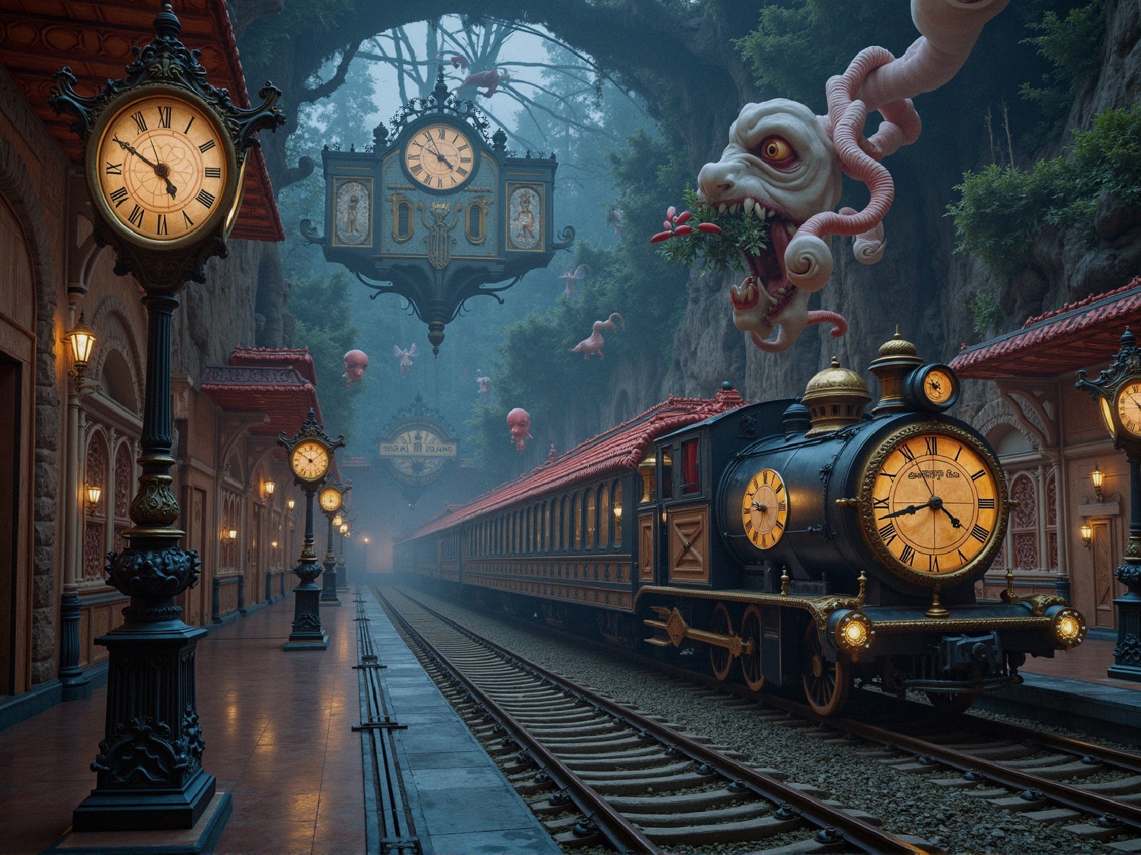 Whimsical Train Station with Mist and Vintage Clocks