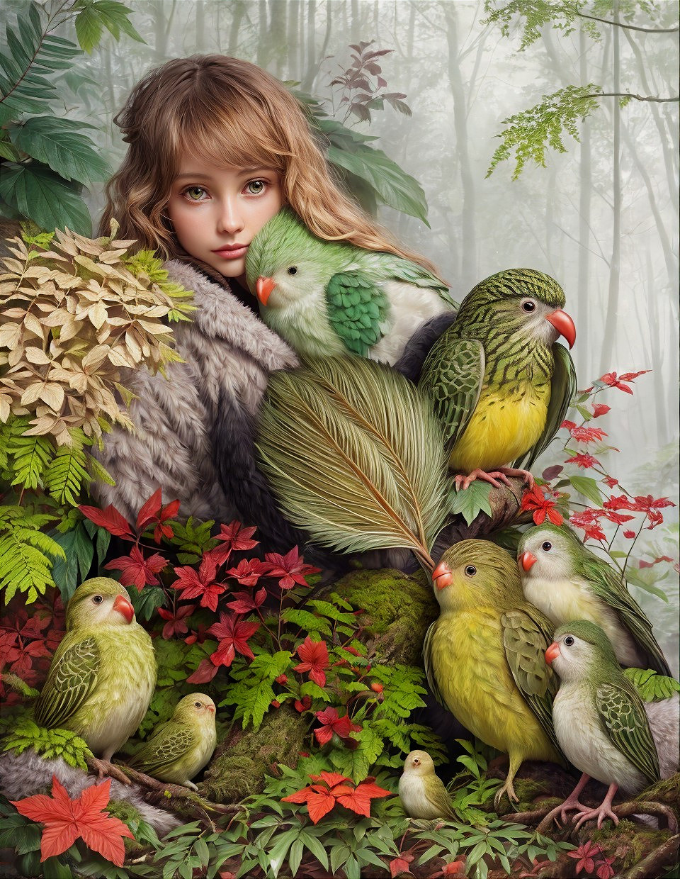Young girl in a forest with vibrant birds and foliage