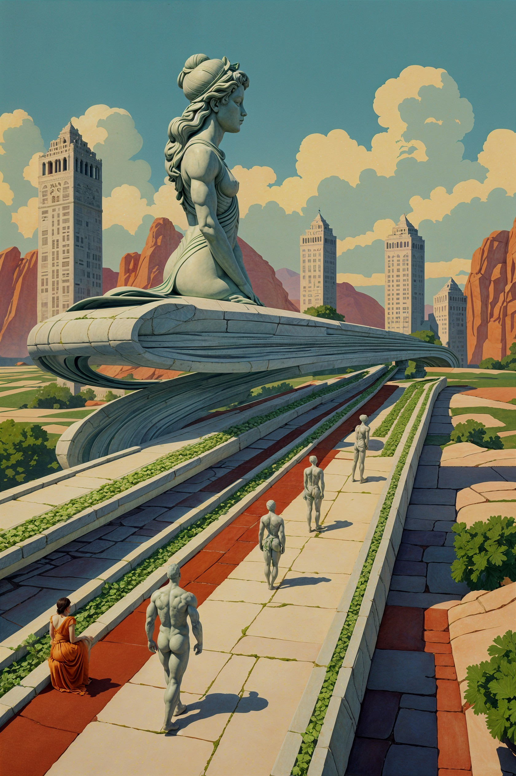 Futuristic Landscape with Statue and Skyscrapers