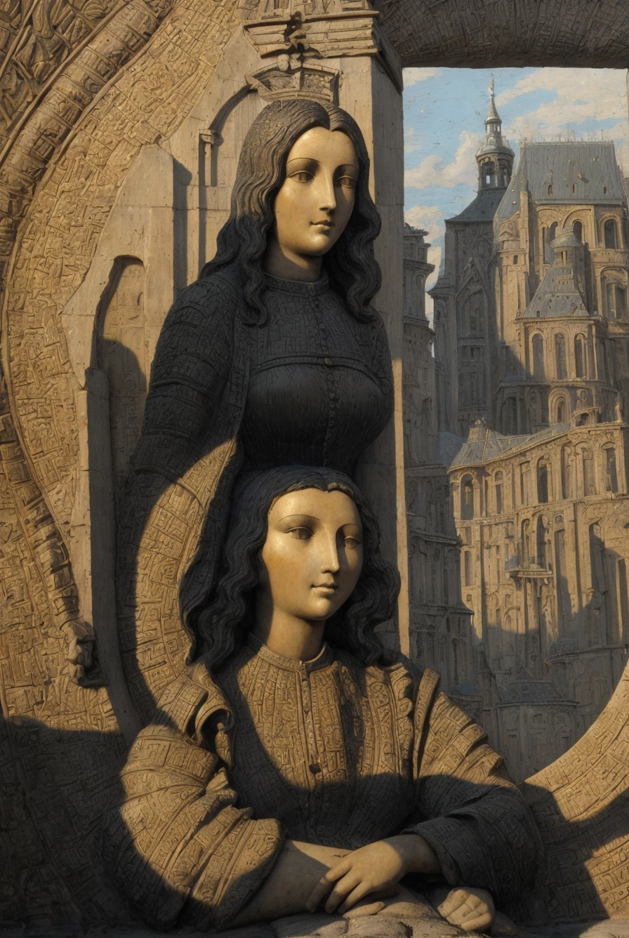 Sculpted Figures of Women with Grand Architectural Scene