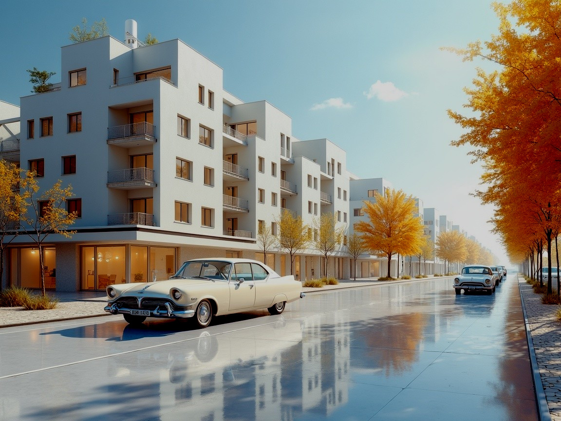 Modern Urban Street with Autumn Trees and Classic Cars