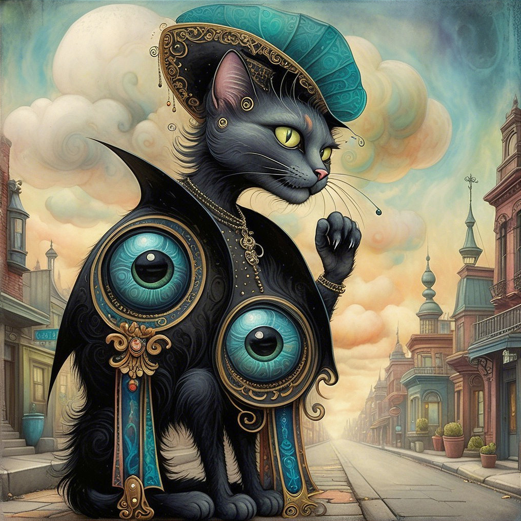 Whimsical Black Cat in Regal Attire on Quaint Street