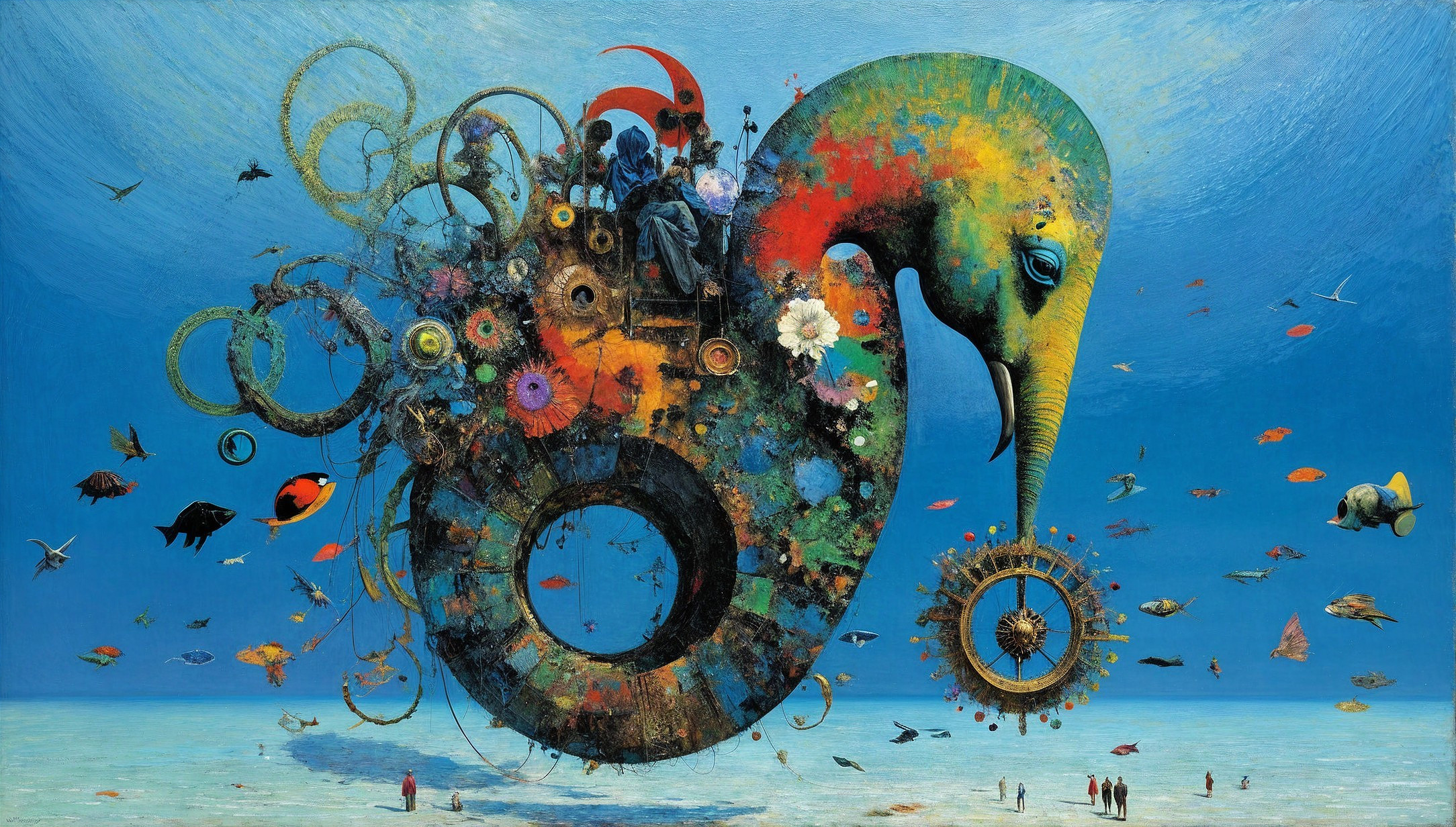 Surreal Artwork of an Elephant with Fish and Gears