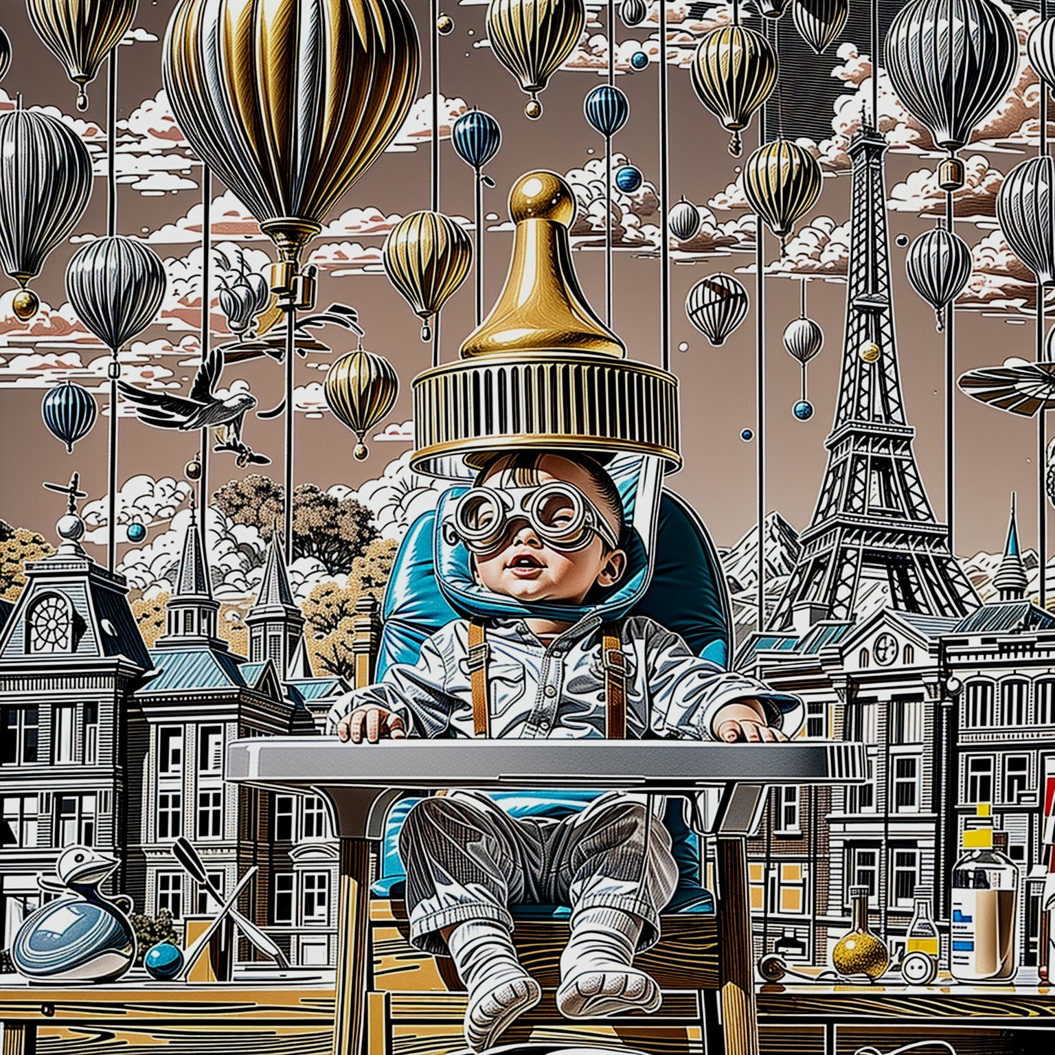 Child in oversized goggles among colorful hot air balloons