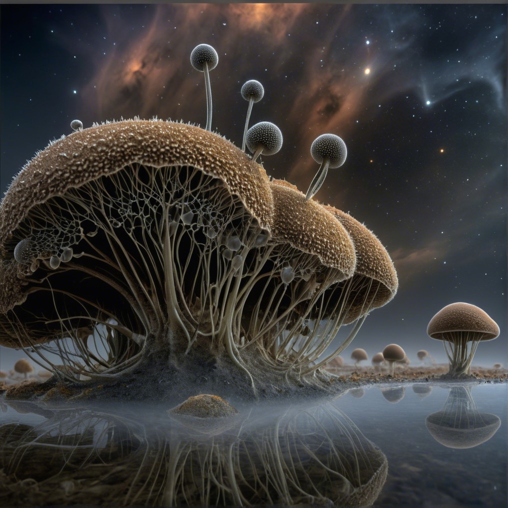Fantastical Landscape with Intricate Mushrooms and Stars