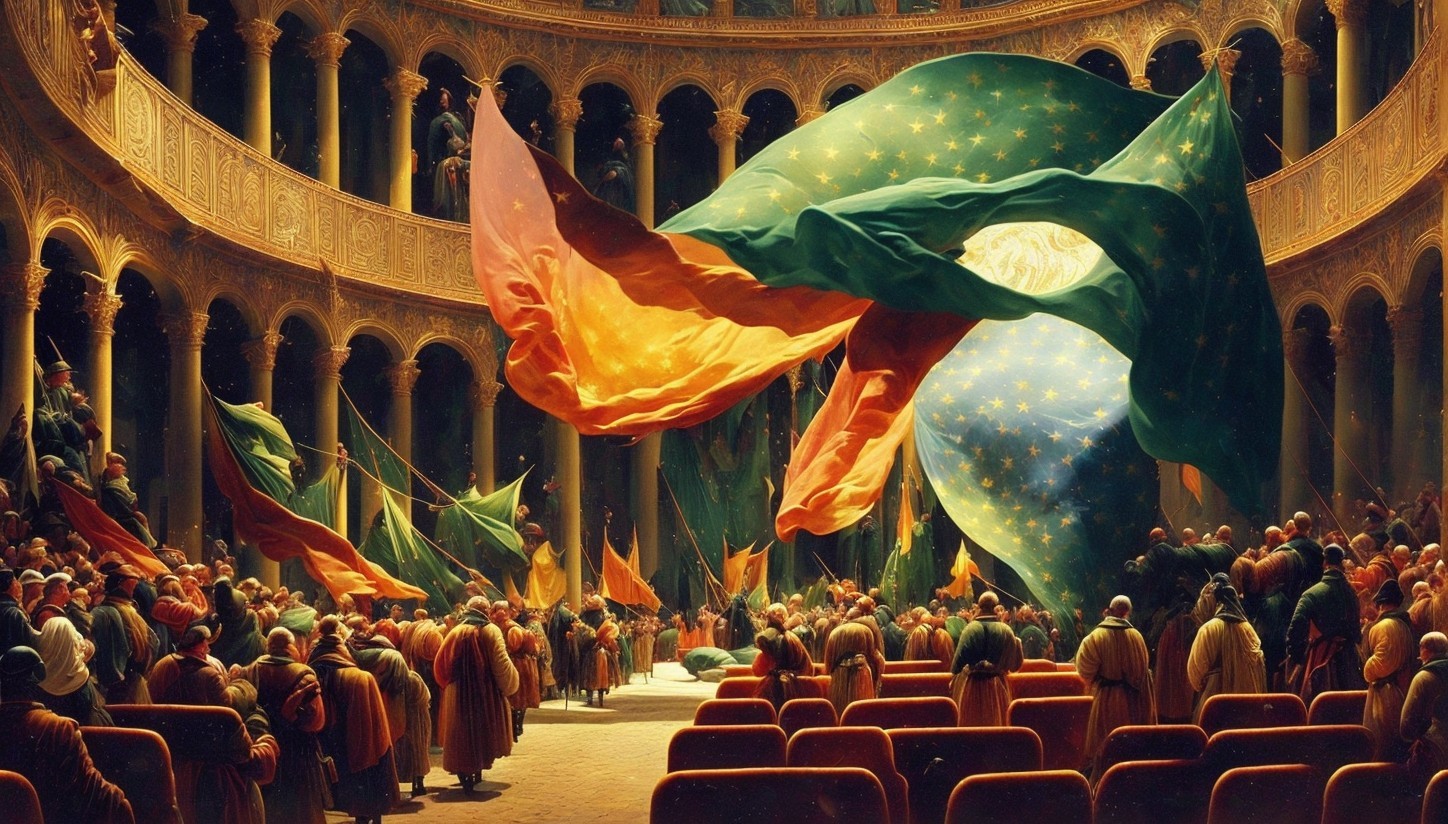 Grand Hall with Pillars and Vibrant Celebration Scene