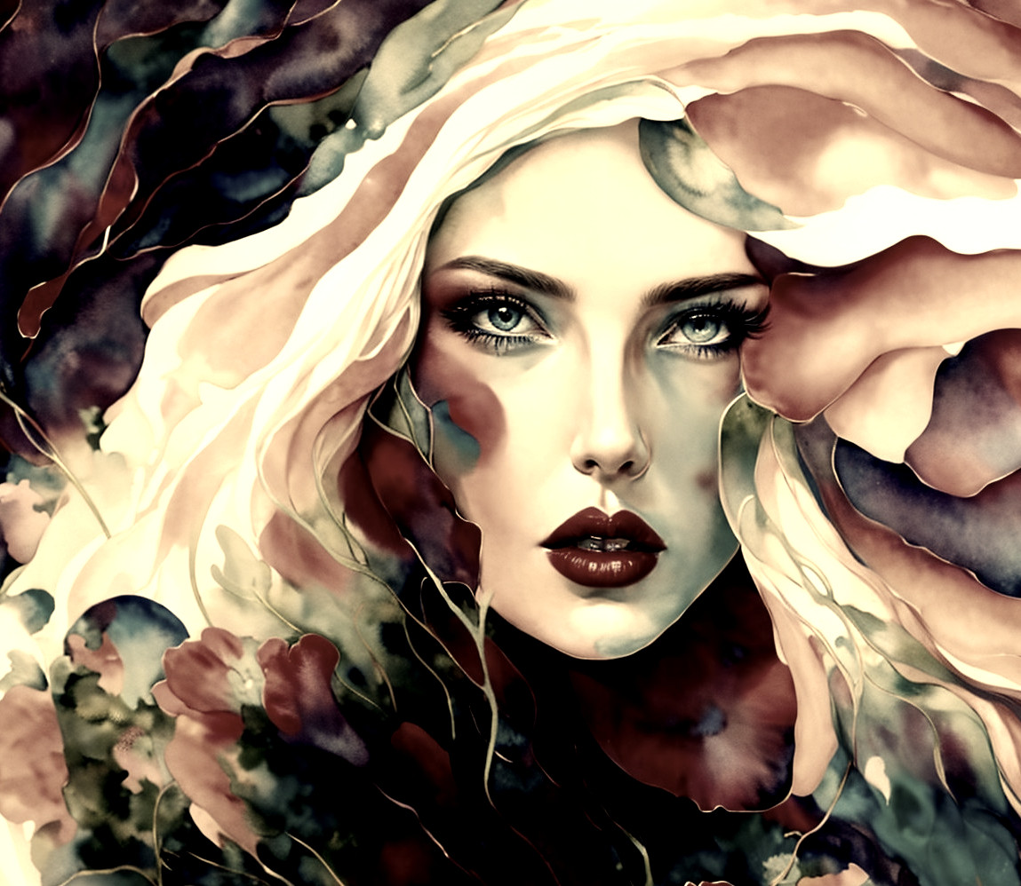 Female figure with vibrant floral patterns and bold features