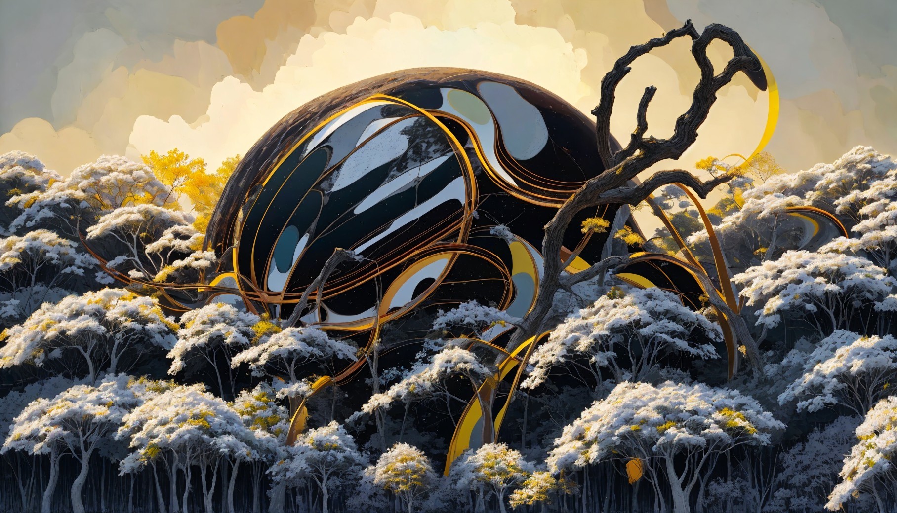 Surreal Landscape with Black Orb and Ethereal Trees