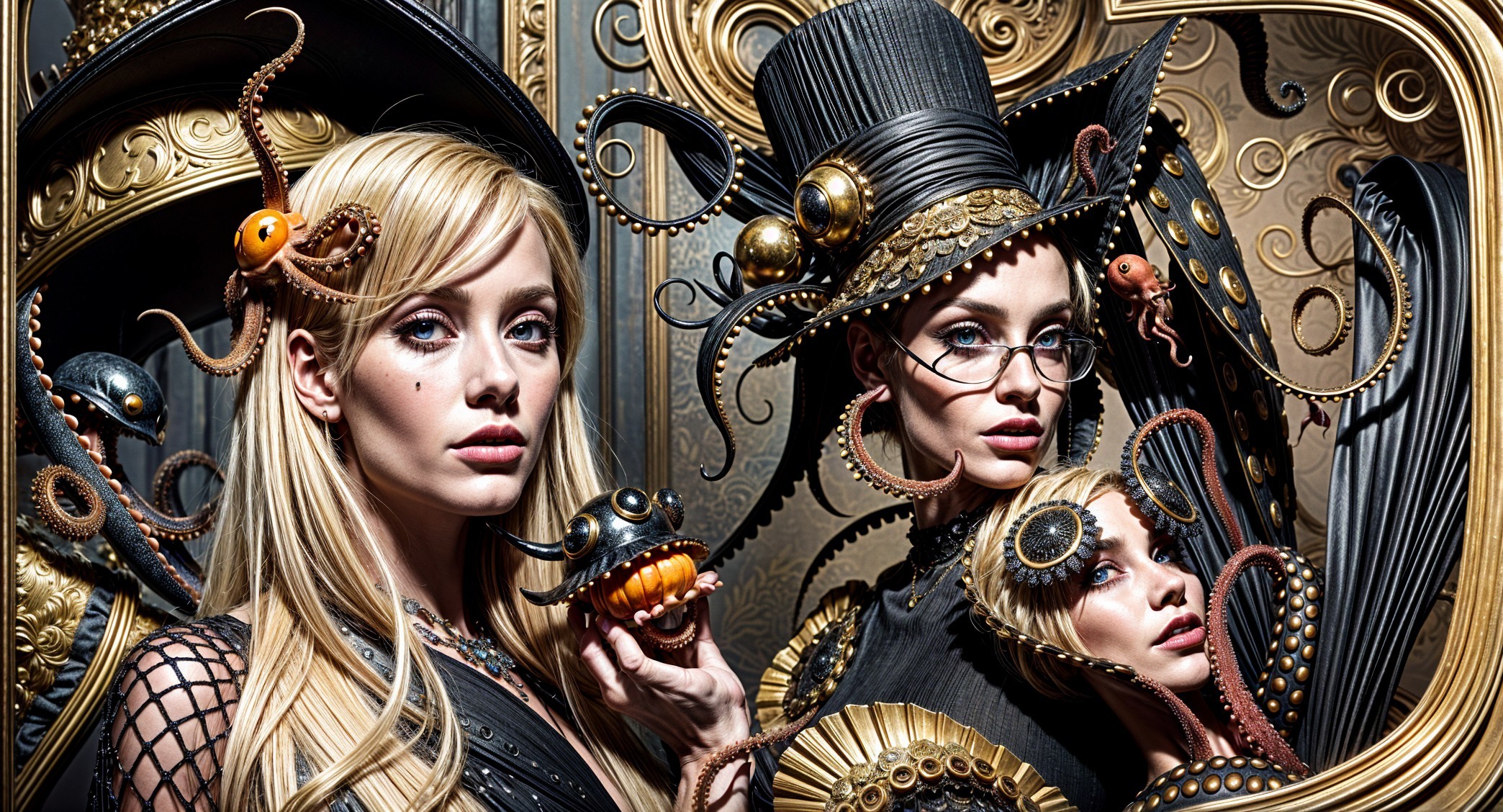 Elegant Figures with Whimsical Octopus Hats and Decor