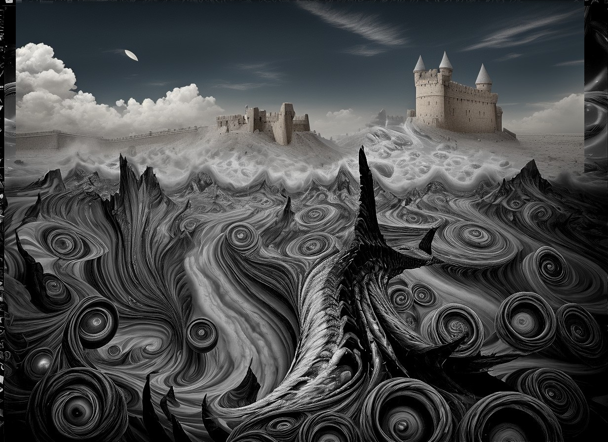 Surreal monochrome landscape with castle-like structure