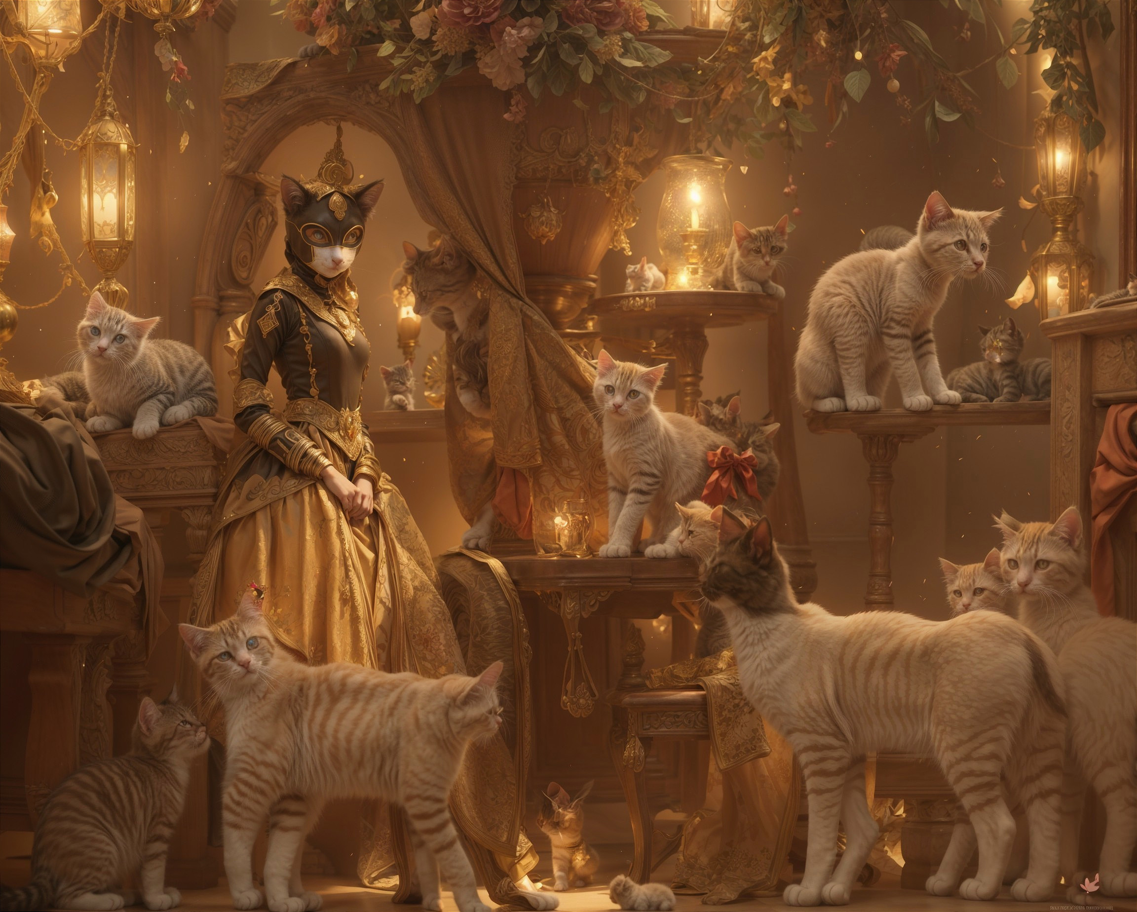 Elegant woman in golden gown with cats in candlelit room