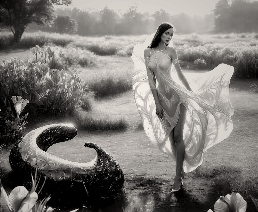 Elegant Woman in Flowing Dress in a Field Setting