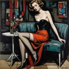 Glamorous Woman on Teal Sofa with Vintage Elegance