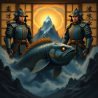 Cats in Floral Patterns Amidst a Serene Landscape