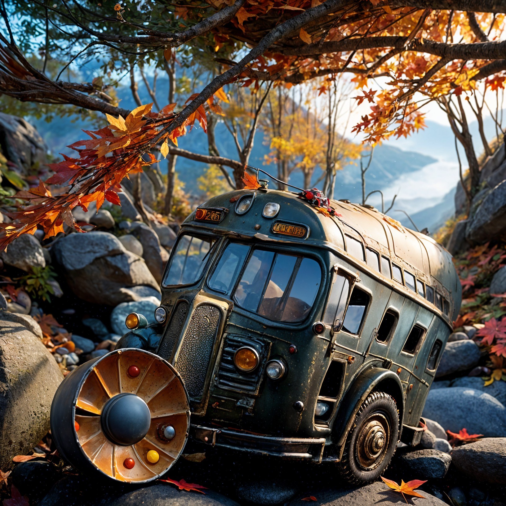 Vintage Bus Surrounded by Autumn Leaves and Rocks