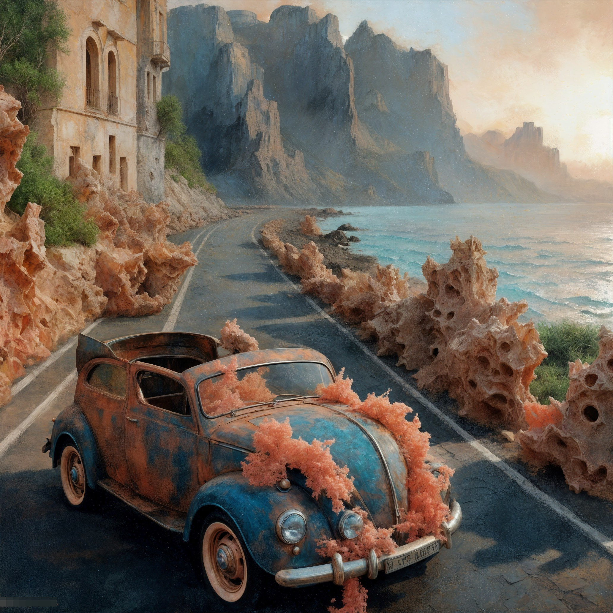 Abandoned Blue Car on Coastal Road with Cliffs