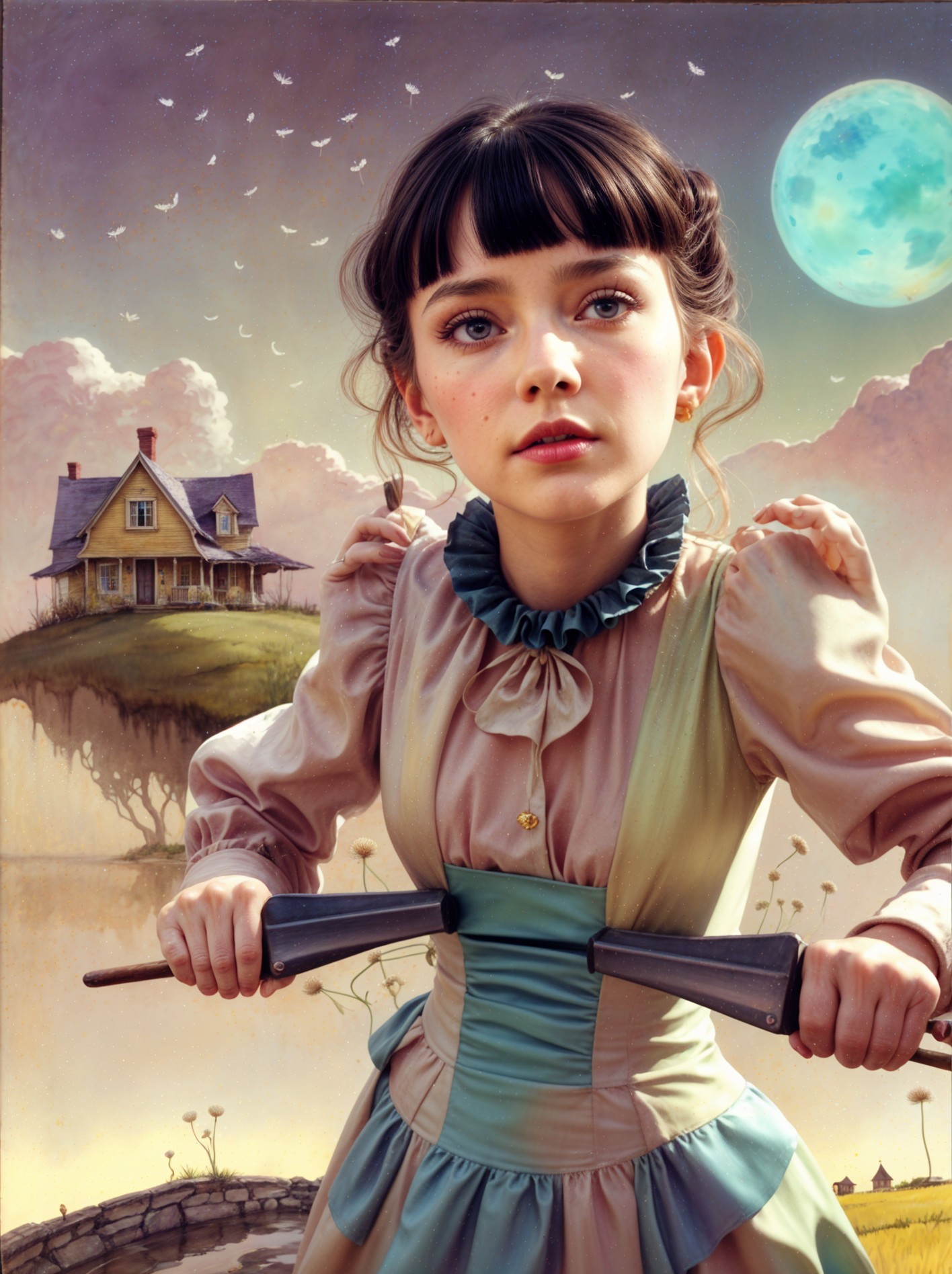 Young girl with vintage toy guns in surreal landscape