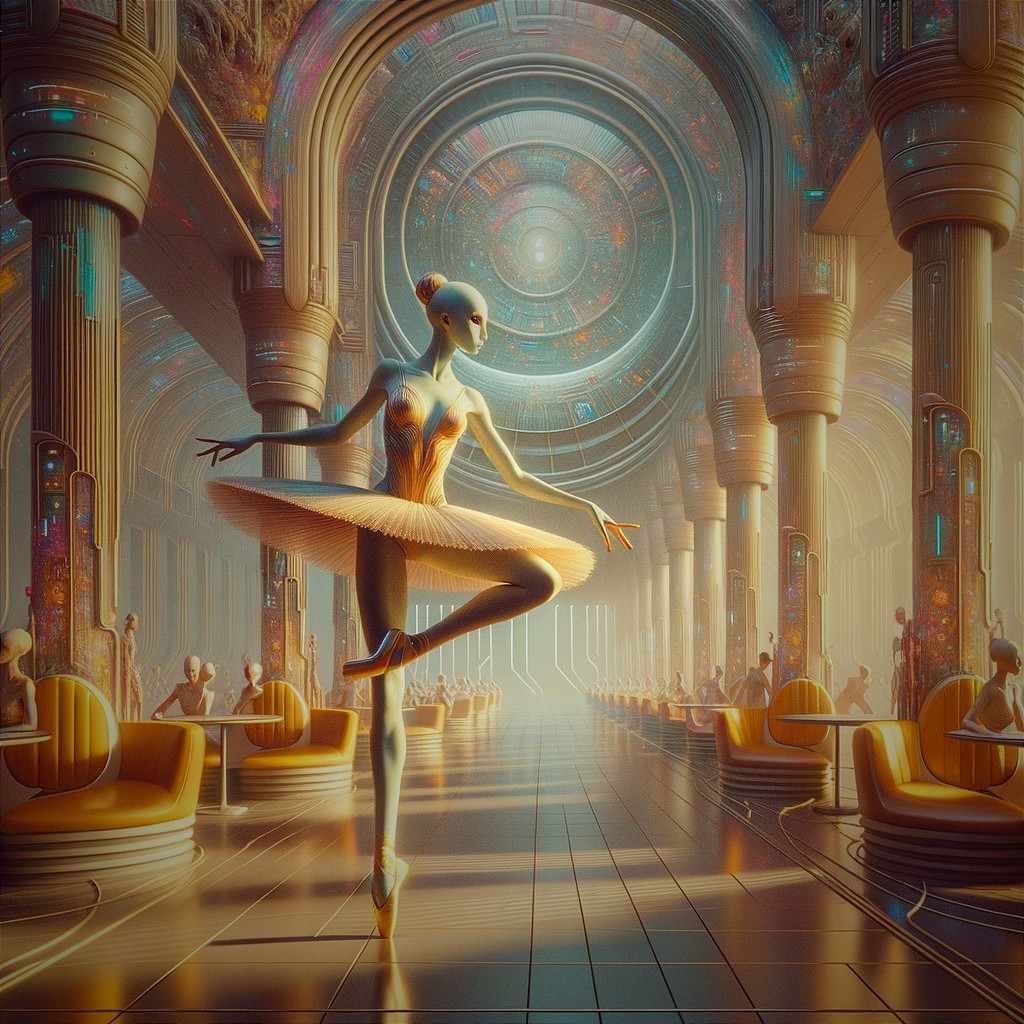 Futuristic Hall with Ballet Dancer and Advanced Design