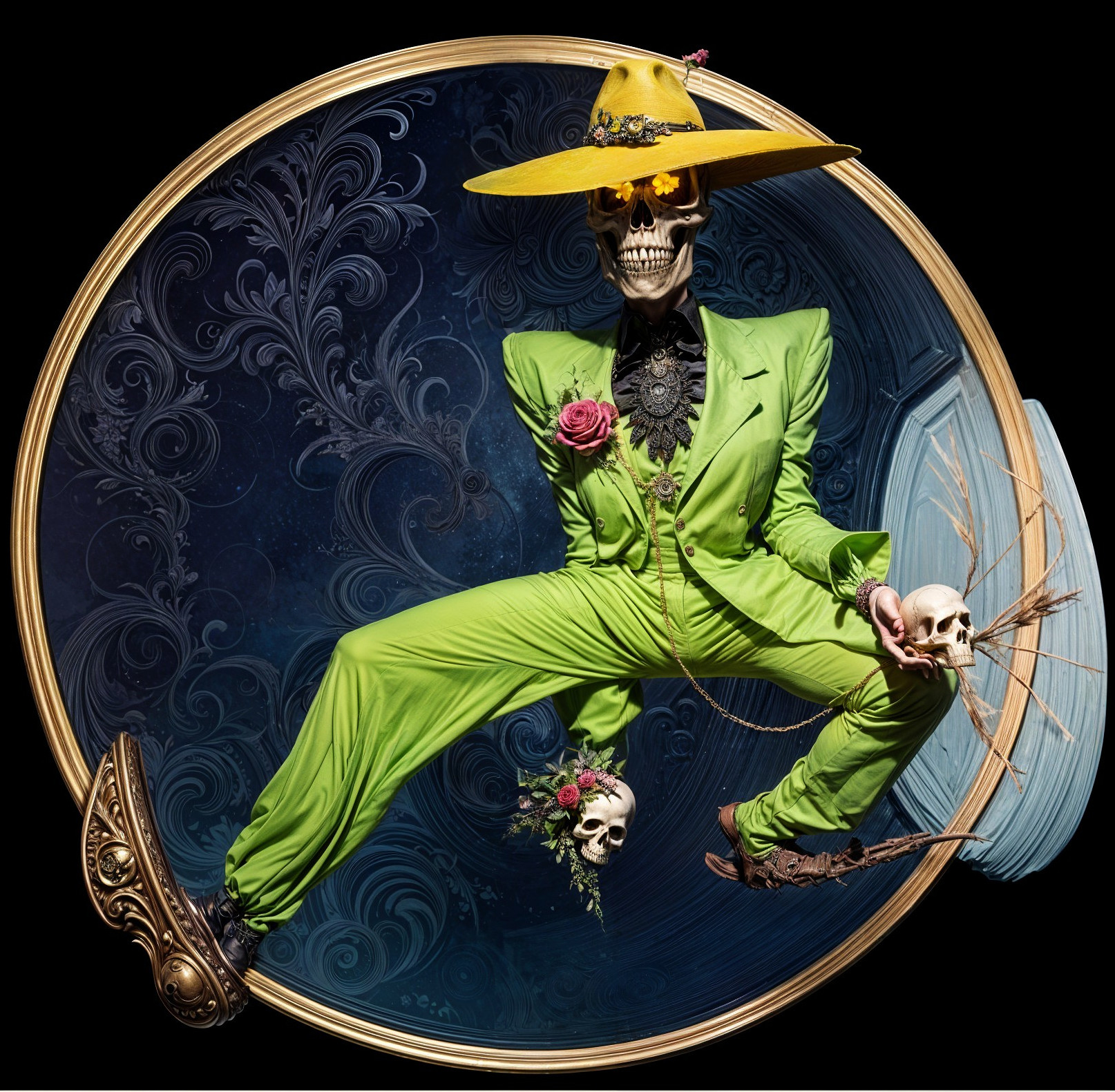 Skeleton in Green Suit with Whimsical Accessories