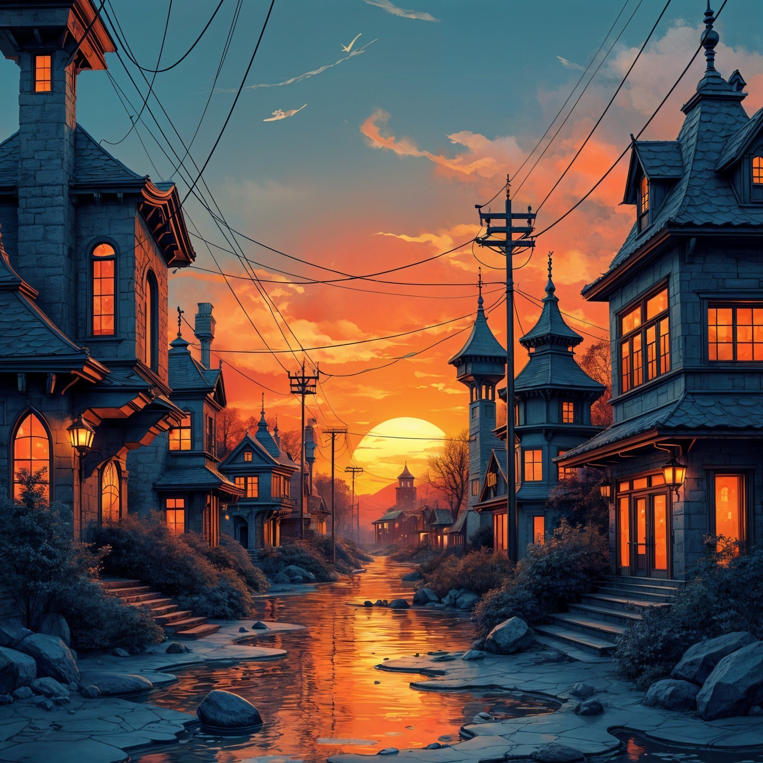 Charming Neighborhood at Sunset with Stone Houses