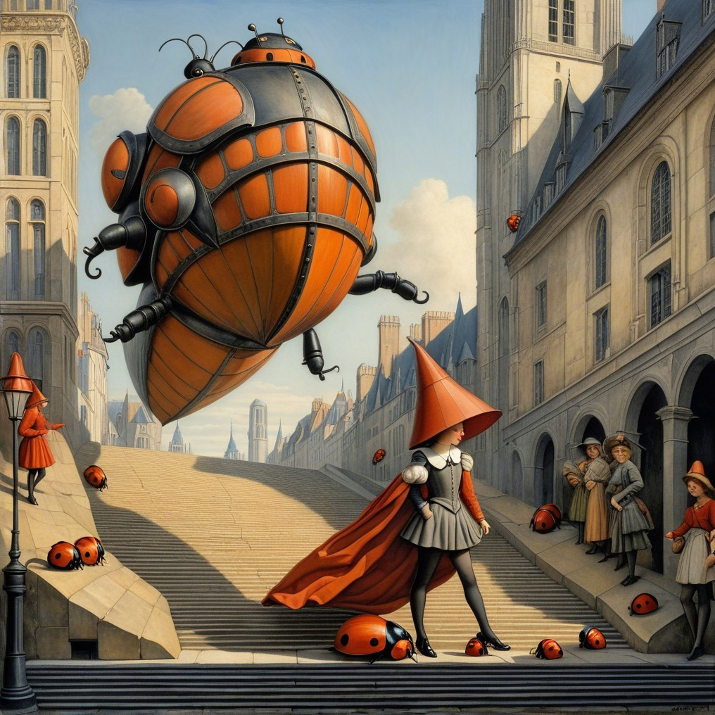 Surreal Scene with Character, Airship, and Robots