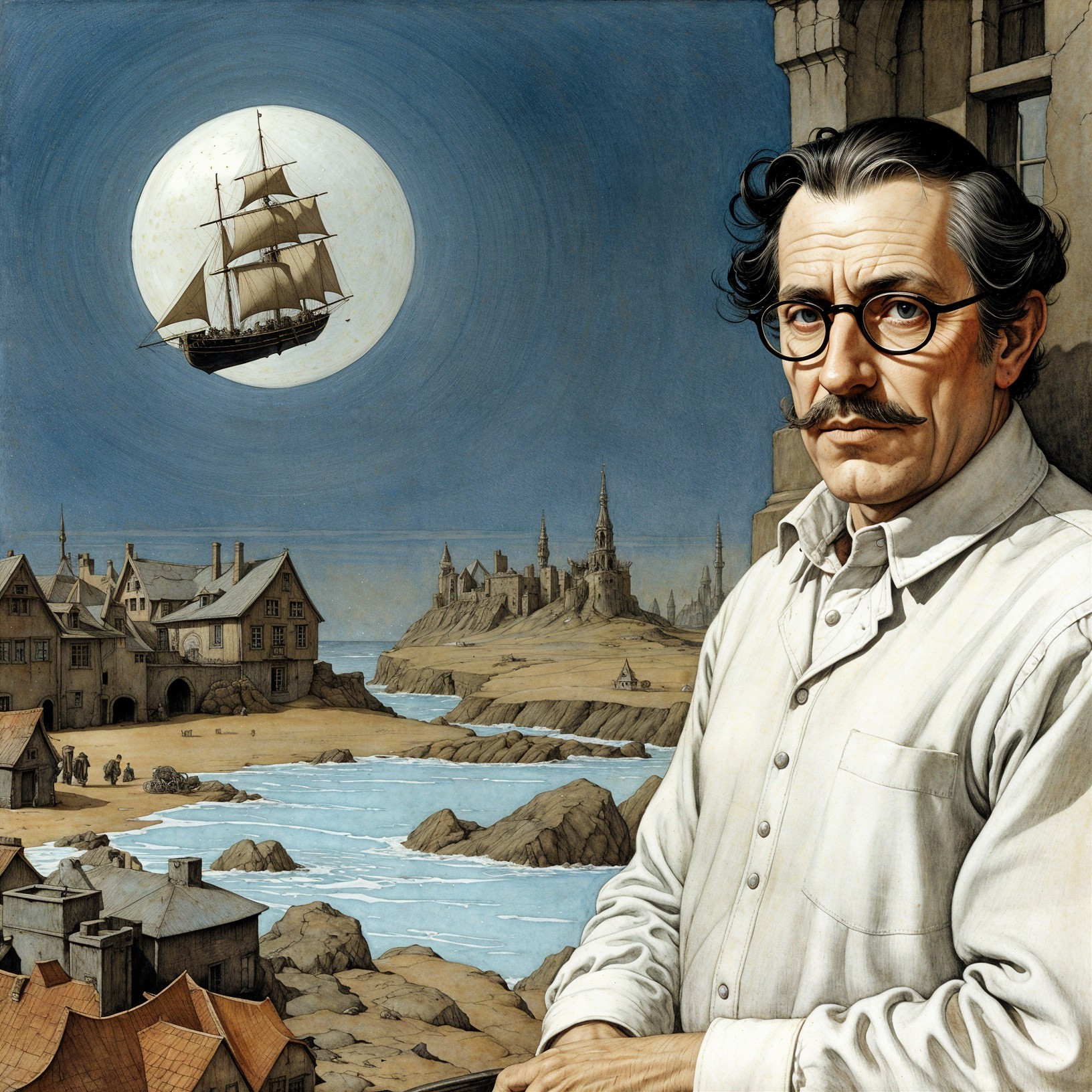 Contemplative Man in Fantastical Coastal Landscape