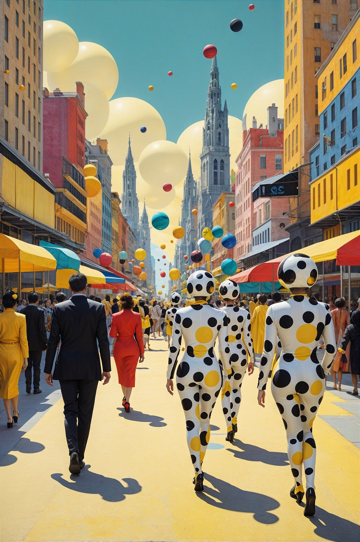 Vibrant Street Scene with Polka-Dotted Outfits and Balloons