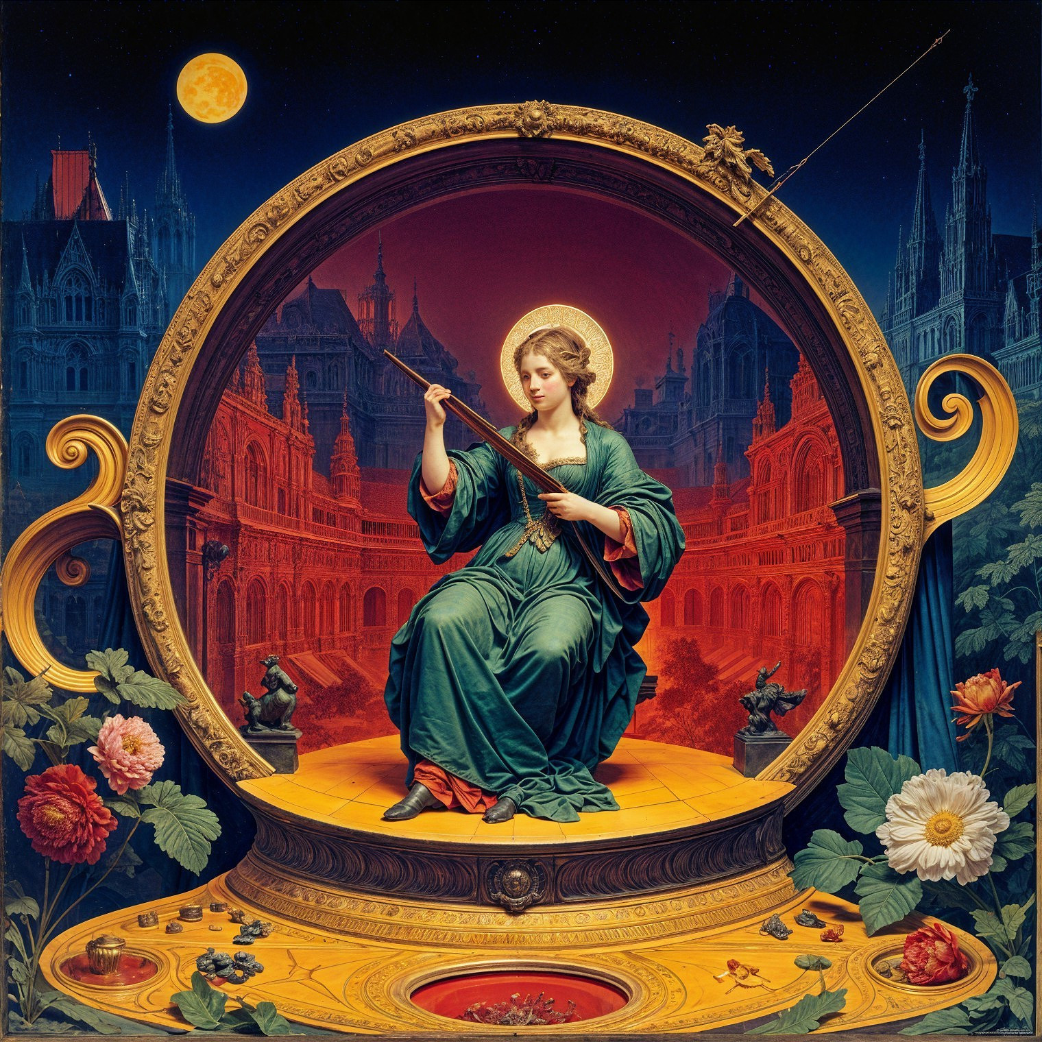 Elegant Figure with Flute in Ornate Frame and Moon