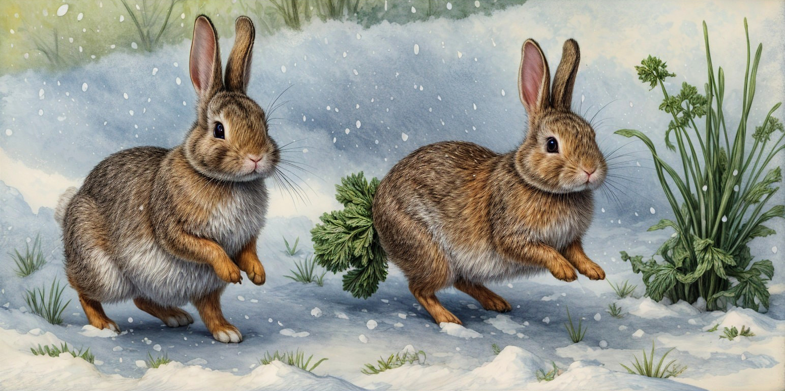 Fluffy Rabbits Hopping in a Snowy Landscape