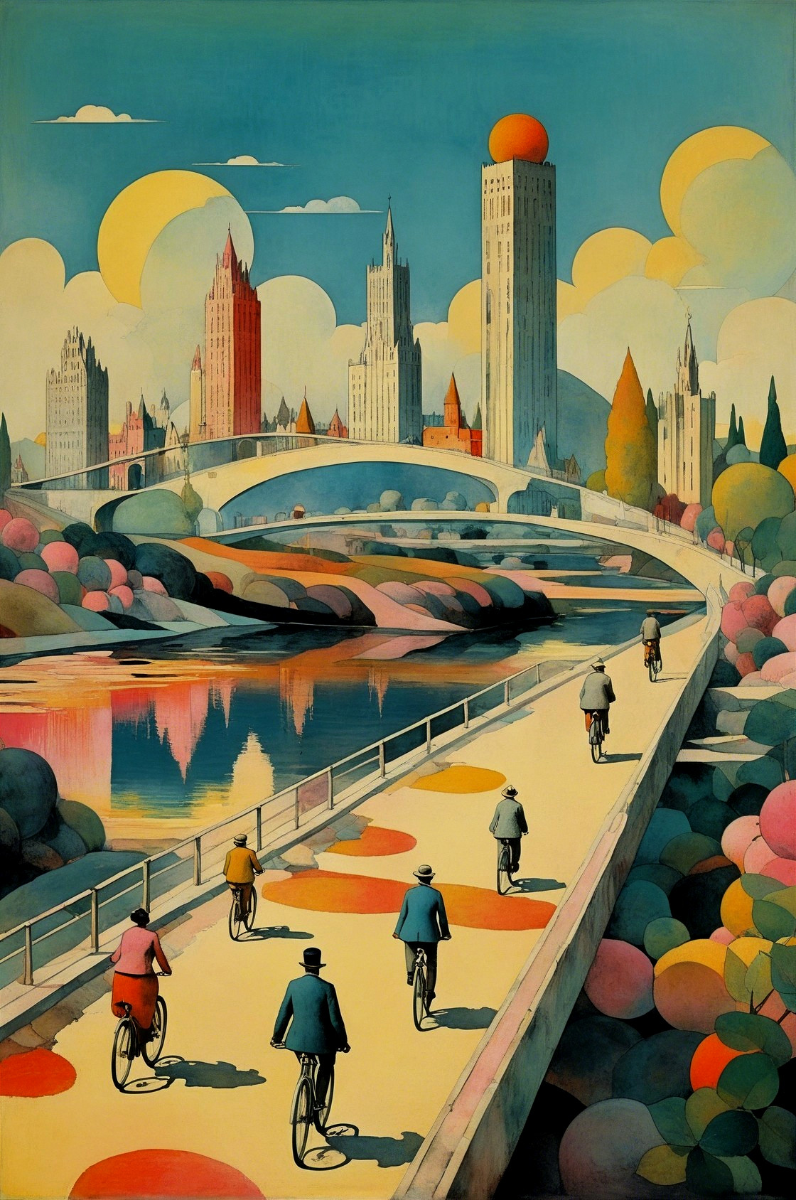 Vibrant cityscape with cyclists by a tranquil river