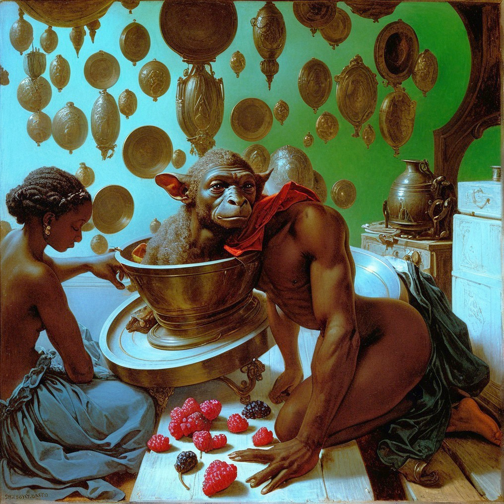 Surreal Artwork of Humanoid Monkey and Berry Preparation