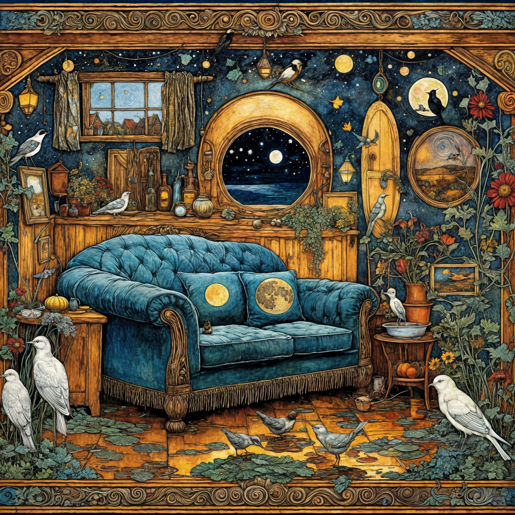 Cozy Room with Blue Sofa and Starry Night View