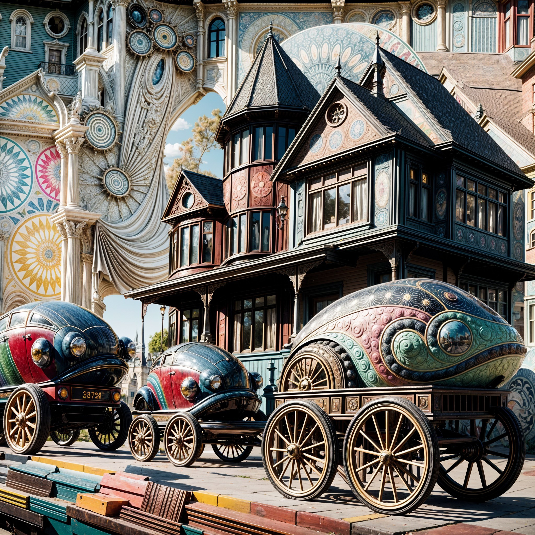 Whimsical Vintage House with Unique Egg-Shaped Vehicles