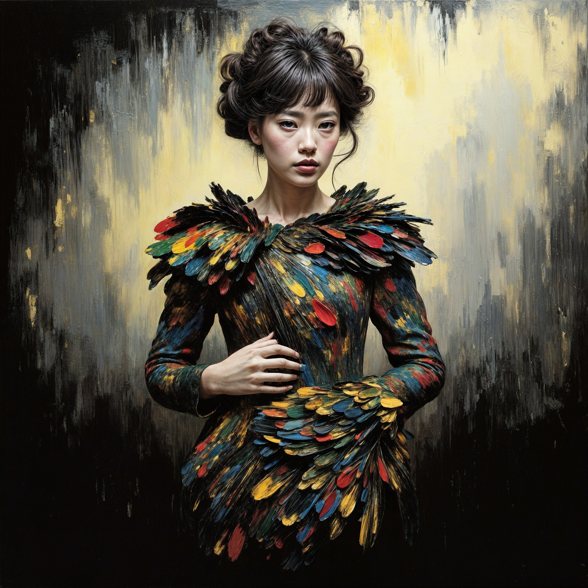Woman in Colorful Feather Dress with Soft Curls