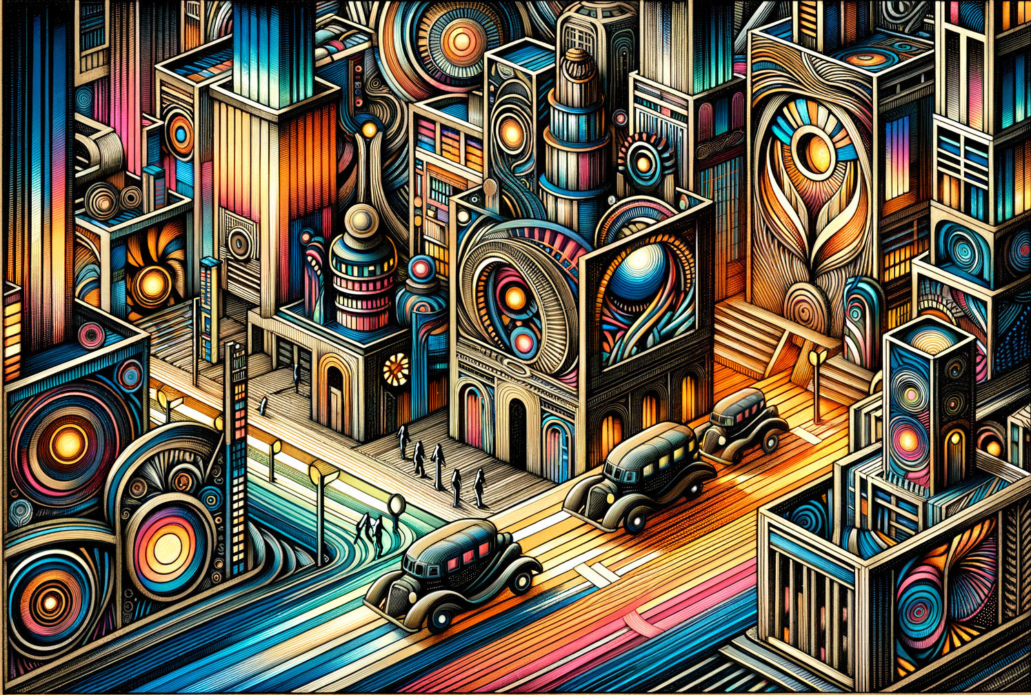 Surreal Cityscape with Bold Geometric Buildings