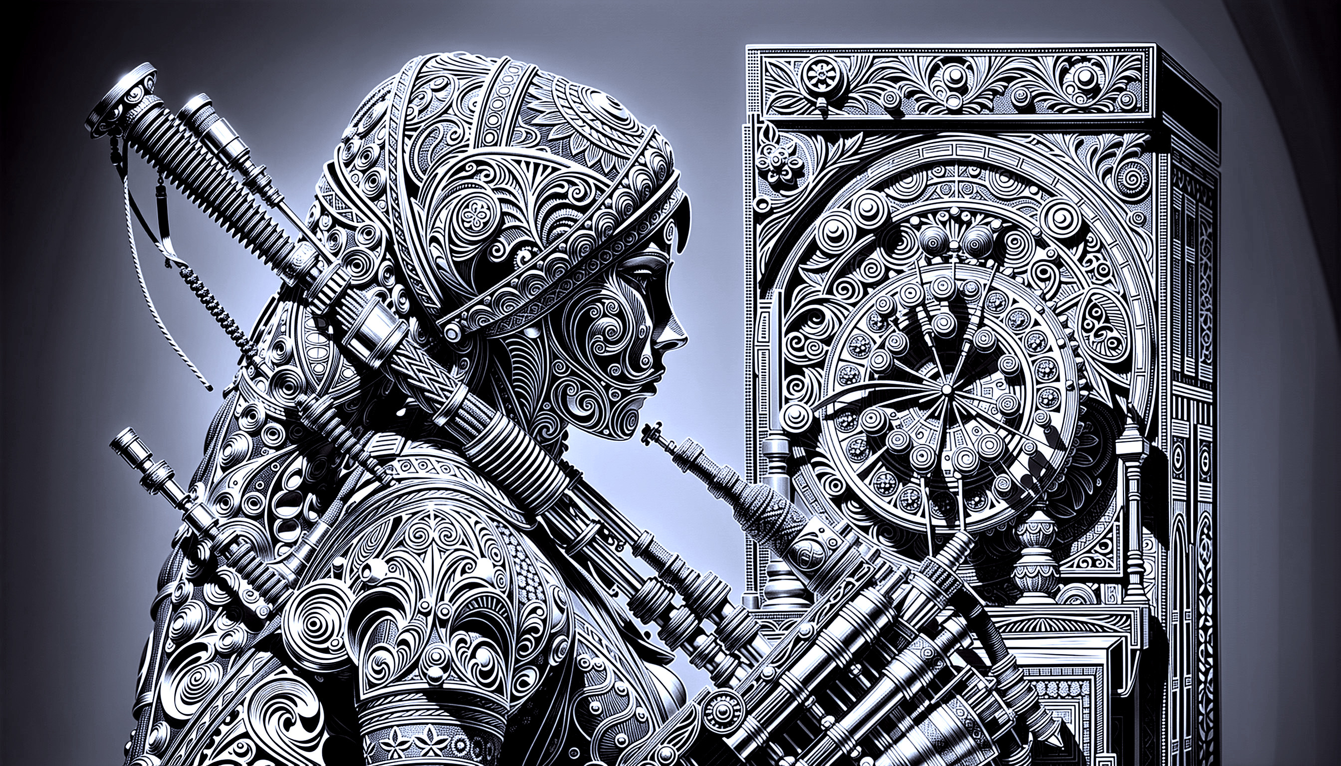 Intricately Designed Robotic Figure with Ornate Clock