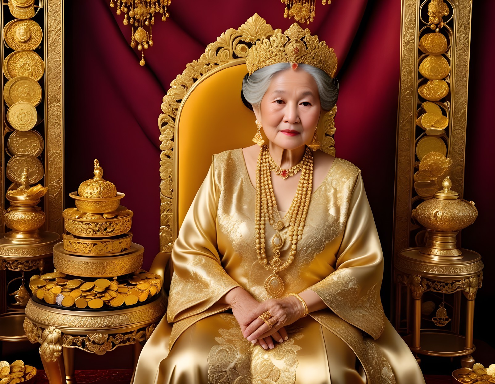 Elderly Woman in Golden Gown on Ornate Throne