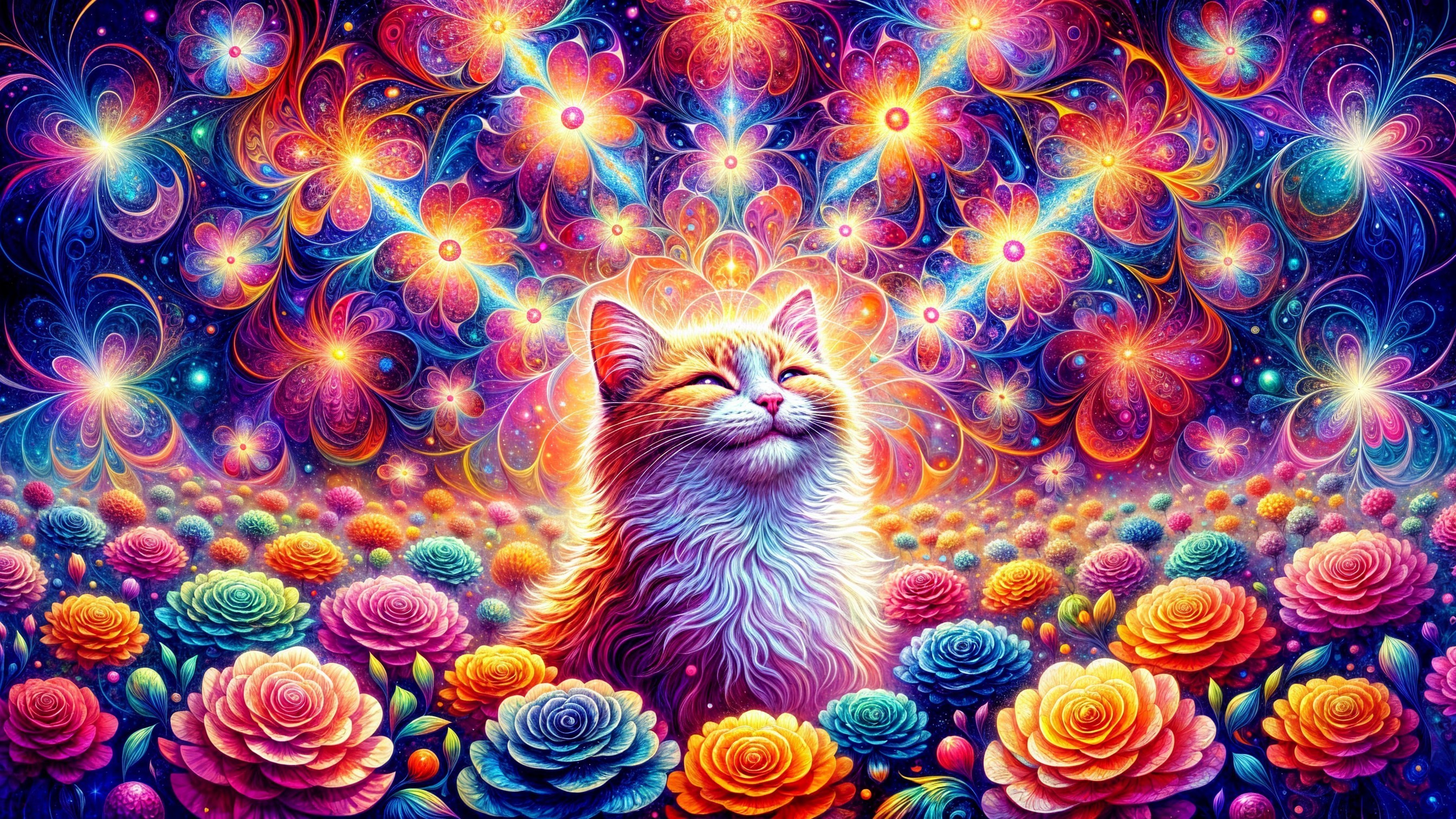 Colorful Illustration of a Cat Among Roses