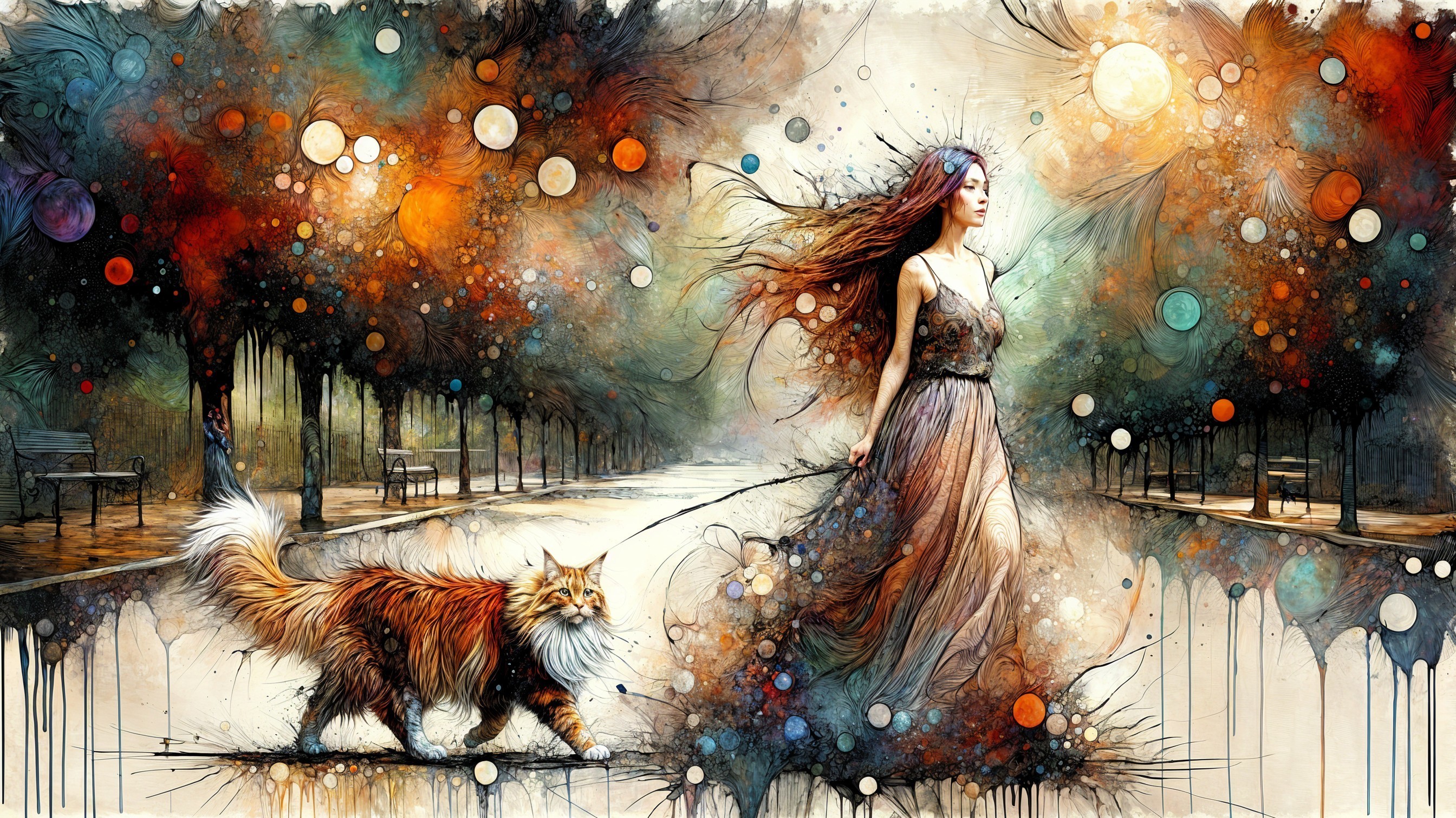 Whimsical Woman Walking Fluffy Orange Cat on Pathway