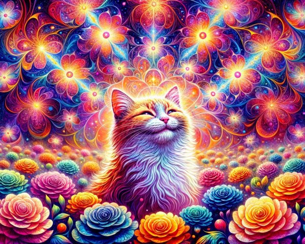 Colorful Illustration of a Cat Among Roses