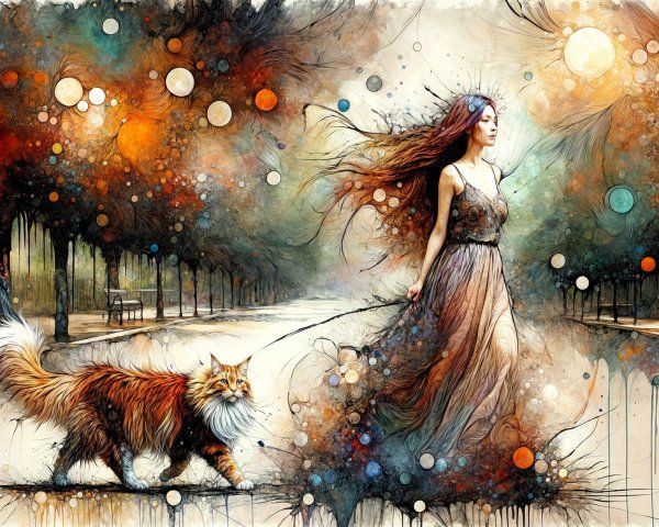 Whimsical Woman Walking Fluffy Orange Cat on Pathway